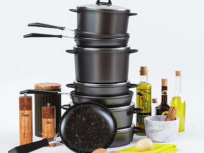 Kitchen Cookware Set With Stacked Pots Pans Olive Oil Bottles Spice Jars And Marble Bowl 3d model