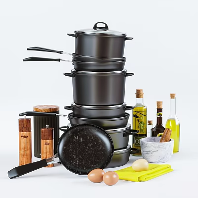 Kitchen Cookware Set With Stacked Pots Pans Olive Oil Bottles Spice Jars And Marble Bowl 3d model