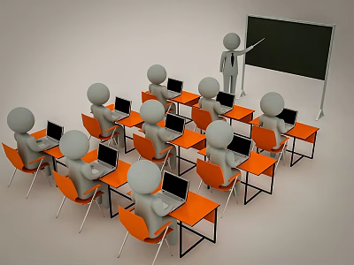 Classroom Swing Door Design With Orange Desks And Laptop Users 3d model