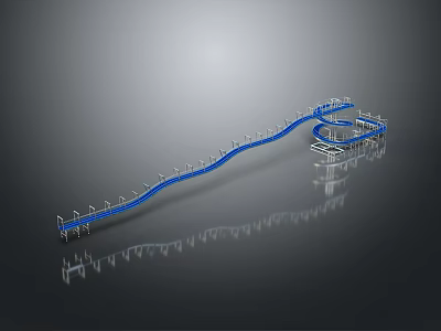 Modern Train Railway System With Curved Blue Track And Metal Structure 3d model