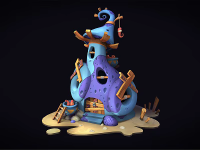 Cartoon Blue Purple House With Spiral Top Wooden Structures And Sandy Base 3d model