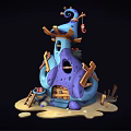 Cartoon Blue Purple House With Spiral Top Wooden Structures And Sandy Base