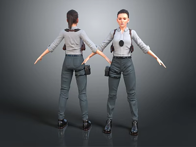Female Character in Gray Uniform Standing with Utility Belt Front and Back View Pose 3d model