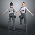 Female Character in Gray Uniform Standing with Utility Belt Front and Back View Pose