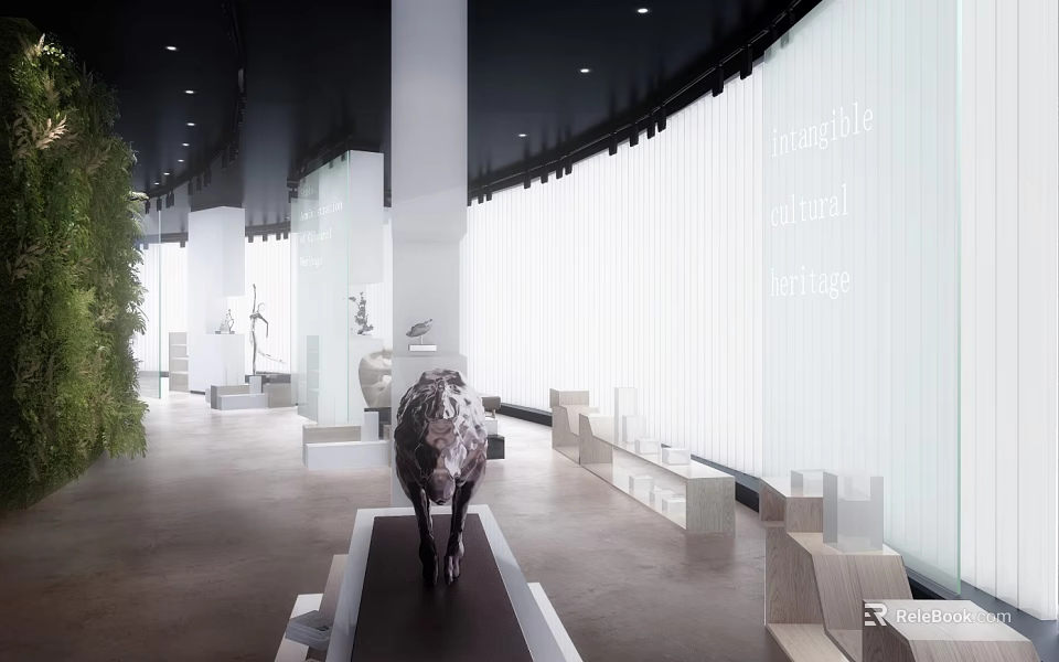 Modern Exhibition Hall With Black Sculpture White Columns Green Plants White Curtains And Wooden Stands 3d model 