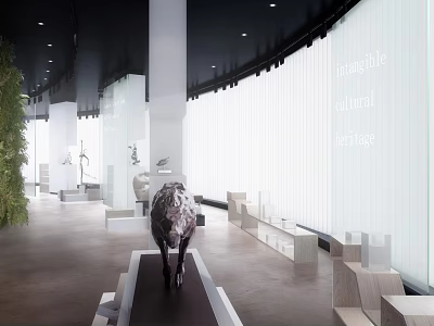 Modern Exhibition Hall With Black Sculpture White Columns Green Plants White Curtains And Wooden Stands 3d model