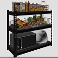 Fresh Vegetables and Fruits in Wire Baskets on Black Metal Kitchen Shelf with Microwave