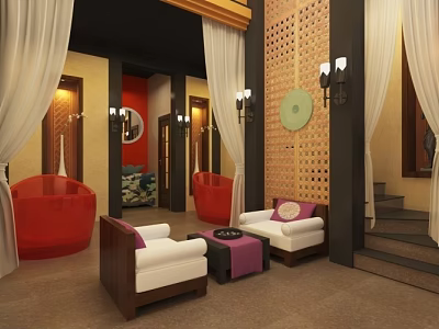 Luxury Private Box Interior With Red Chairs White Sofas Purple Cushions And Patterned Wall 3d model
