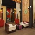 Luxury Private Box Interior With Red Chairs White Sofas Purple Cushions And Patterned Wall