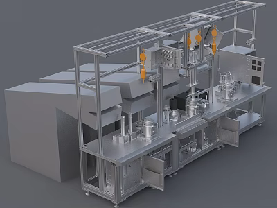 Industrial Automated Equipment Featuring Metal Frame Mechanical Arms Conveyor System And Control Cabinets 3d model