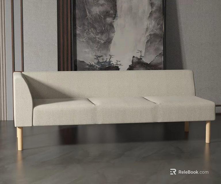 Light Beige Three Seater Sofa with Wooden Legs Against Grey Wall and Artwork 3d model 