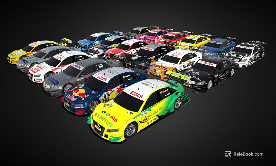 Colorful Racing Cars With Sponsor Logos And Various Designs On 3d model 