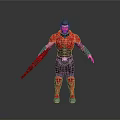 Detailed Male Warrior In Red Armor Holding Weapon Standing On Gray Background