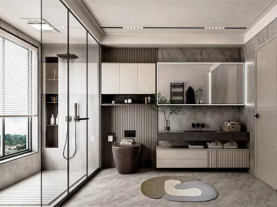 Modern Bathroom Interior Design With Glass Shower Enclosure Blinds Mirror And Wooden Cabinets 3d model