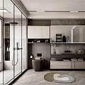Modern Bathroom Interior Design With Glass Shower Enclosure Blinds Mirror And Wooden Cabinets