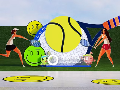 People Playing Tennis With Yellow Ball Smiley Faces In City Central Park 3d model