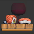Fresh Salmon Sushi Rolls On Wooden Tray With Soy Sauce And Red Wine