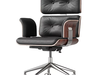 Modern Black Leather Office Chair With Wooden Armrests And Metal Base 3d model
