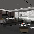 Modern Living And Dining Room Interior With Open Kitchen Black Leather Sofa And Large Windows
