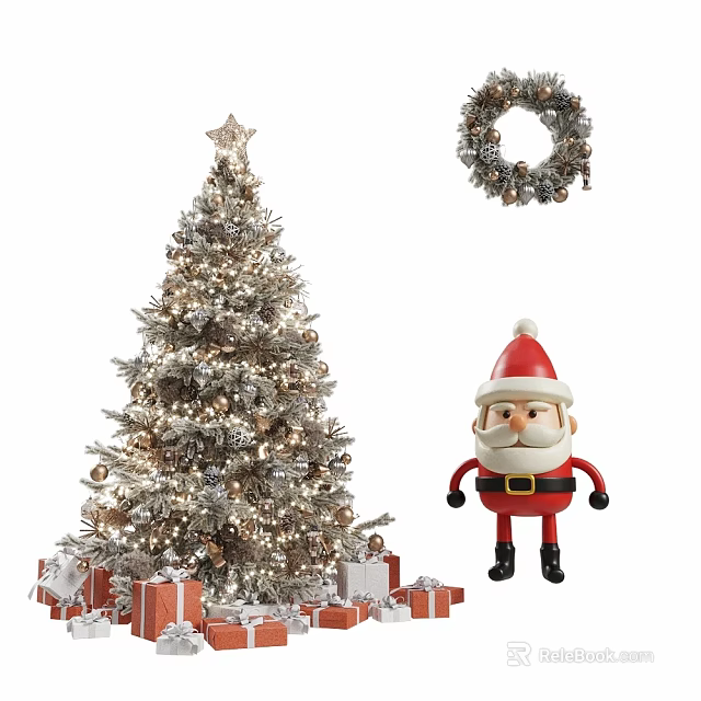 Christmas Tree With Decorations Wreath Santa Claus Figure And Gift Boxes 3d model 