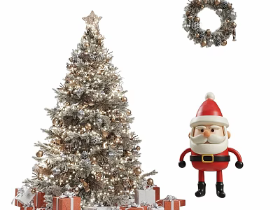 Christmas Tree With Decorations Wreath Santa Claus Figure And Gift Boxes 3d model