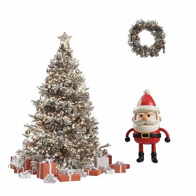 Christmas Tree With Decorations Wreath Santa Claus Figure And Gift Boxes 3d model