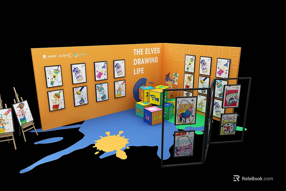 THE EYES DRAWING LIFE Orange Display With Children's Artworks Colorful Blocks Paint Splatters And Easels 3d model 