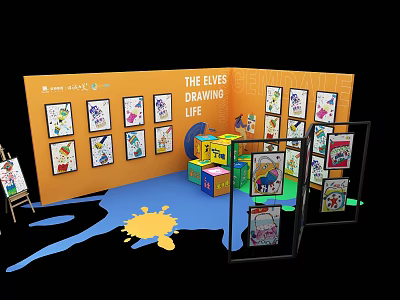 THE EYES DRAWING LIFE Orange Display With Children's Artworks Colorful Blocks Paint Splatters And Easels 3d model