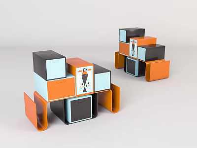 Modern Entryway Cabinet Side Cabinet With Stacked Colorful Cubes In Orange Black Light Blue 3d model