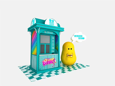 Colorful Blue Magic Kiosk With Eatinis Sign And Yellow Potato Character 3d model