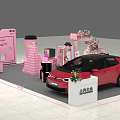 Pink Art Installation For Shanghai Volkswagen Exhibition Booth With Floral Decorations And Red Car