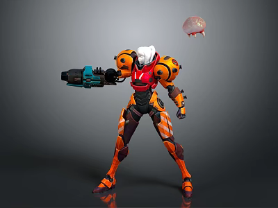 Sci Fi Game and Movie Character in Orange Red Armor Holding Weapon with Floating Sphere 3d model