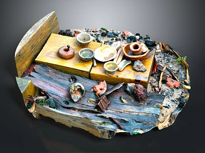Artistic Wooden Table Display With Tea Sets Shells And Natural Elements 3d model