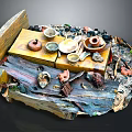 Artistic Wooden Table Display With Tea Sets Shells And Natural Elements