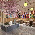 Japanese Restaurant Interior With Cherry Blossom Decorations Lanterns Wooden Partitions Geisha Murals And Dining Seats