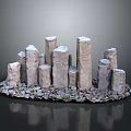 Wooden And Stone Decorative Columns With Various Heights On Gravel Base Structure