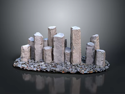 Wooden And Stone Decorative Columns With Various Heights On Gravel Base Structure 3d model
