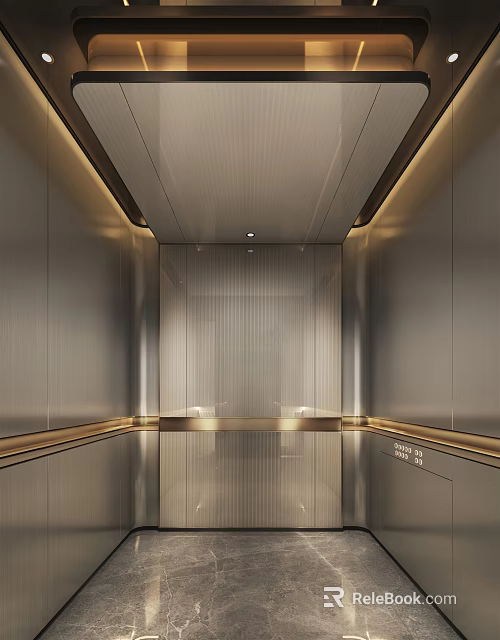 Modern Elevator Interior Design With Stainless Steel Walls And Recessed Lighting Features 3d model