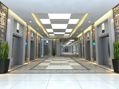 Modern Elevator Hallway With Marble Floor Ceiling Lighting Elevator Doors And Green Plants 3d model