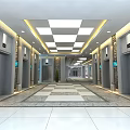 Modern Elevator Hallway With Marble Floor Ceiling Lighting Elevator Doors And Green Plants