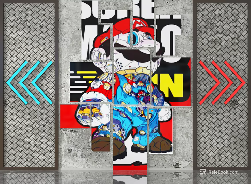 Colorful Super Mario Mosaic Background Wall With Gray Texture And Neon Arrows 3d model 