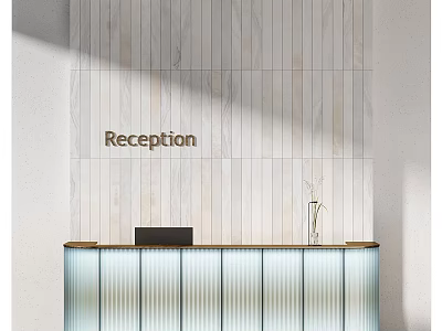 Modern Reception Desk With Vertical Striped Wall Wooden Countertop And Blue Ripple Panel 3d model