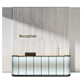 Modern Reception Desk With Vertical Striped Wall Wooden Countertop And Blue Ripple Panel