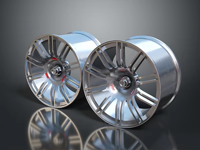 Metallic Silver Car Wheels Featuring Spoke Design and Reflective Finish 3d model
