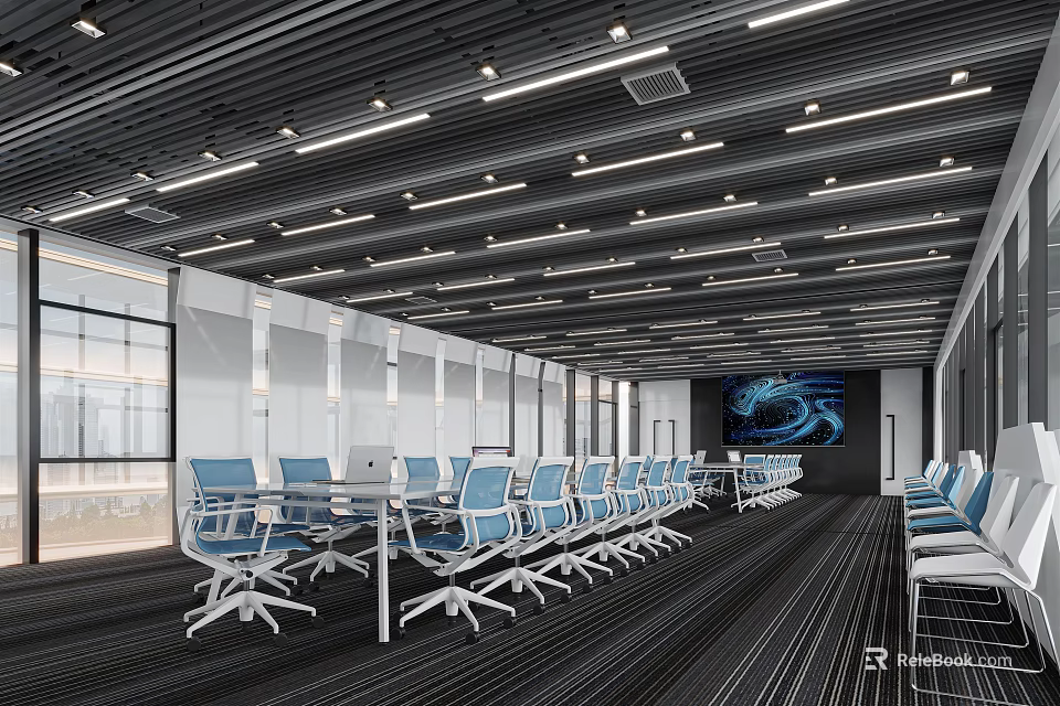 Modern Conference Room Interior With Ceiling Lights Large Windows Blue Chairs And Long Tables 3d model 
