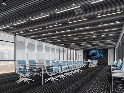 Modern Conference Room Interior With Ceiling Lights Large Windows Blue Chairs And Long Tables 3d model