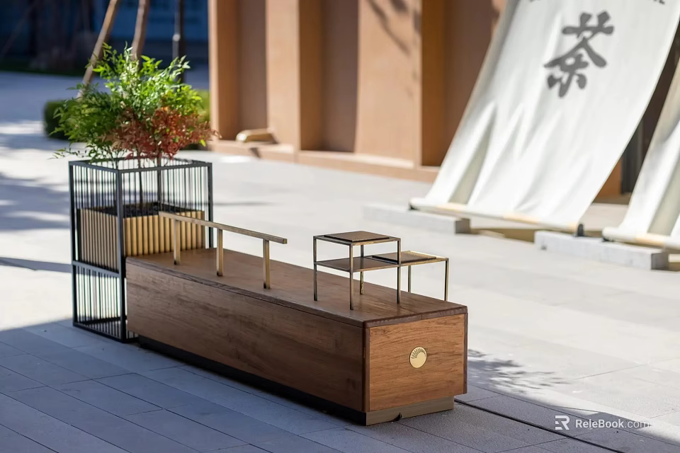 Wooden Landscape Seat With Metal Frame And Small Side Tables 3d model 