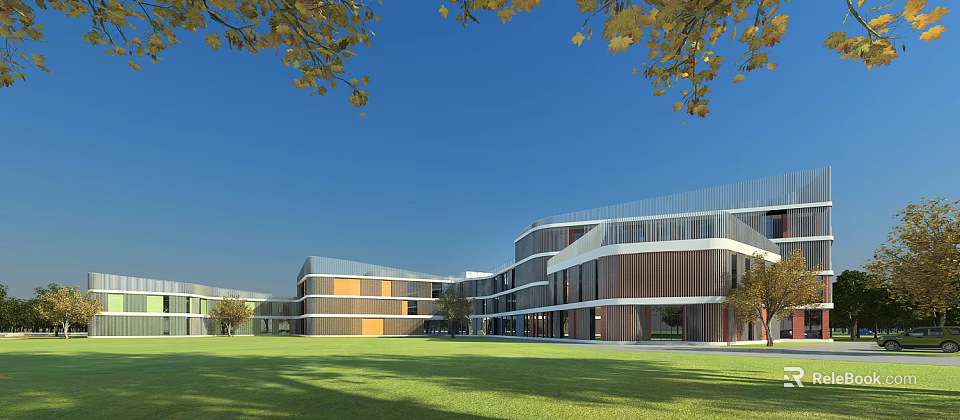 Modern School Building With Glass Facades Curved Design Green Lawn And Trees 3d model 