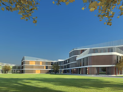 Modern School Building With Glass Facades Curved Design Green Lawn And Trees 3d model