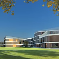Modern School Building With Glass Facades Curved Design Green Lawn And Trees